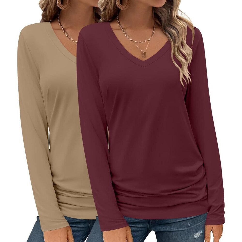 2 Pack Women's Long Sleeve V Neck Tops Casual Spring Fall Wearable Stylish